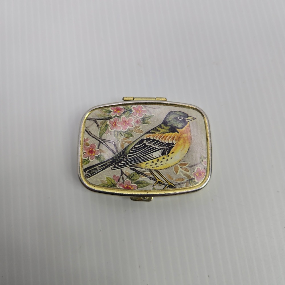 Vintage Gold Tone Songbird Pill Box Floral Cherry Blossom 2 Compartment Case